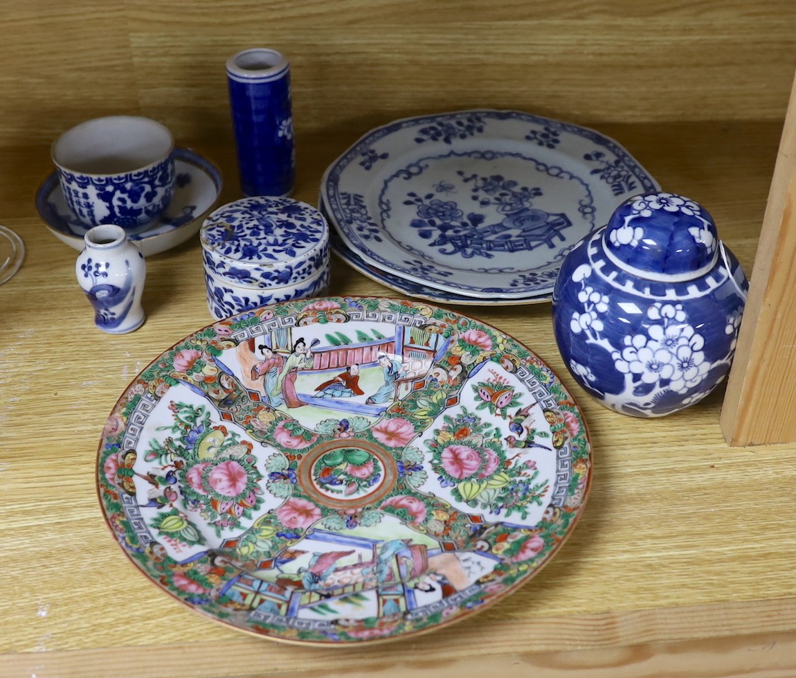 A selection of oriental ceramics, to include a Chinese jar, 12cm tall, and cover, a circular pot and cover, three plates and four other items